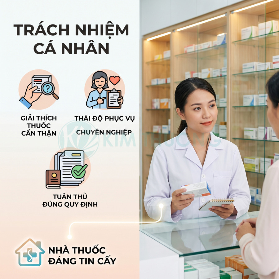 Dược sĩ tư vấn thuốc cẩn thận cho khách tại nhà thuốc, nhấn mạnh trách nhiệm cá nhân và nhà thuốc đáng tin cậy