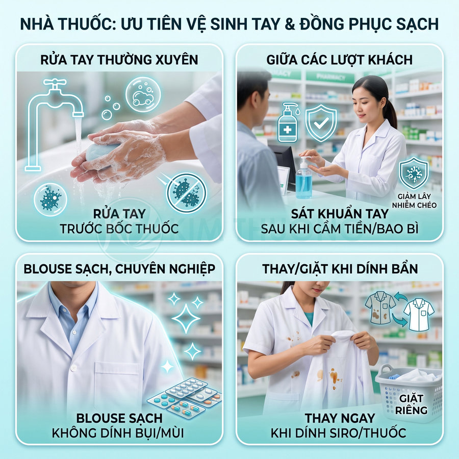 Hướng dẫn vệ sinh tay và giữ áo blouse sạch cho dược sĩ trong nhà thuốc để hạn chế lây nhiễm chéo