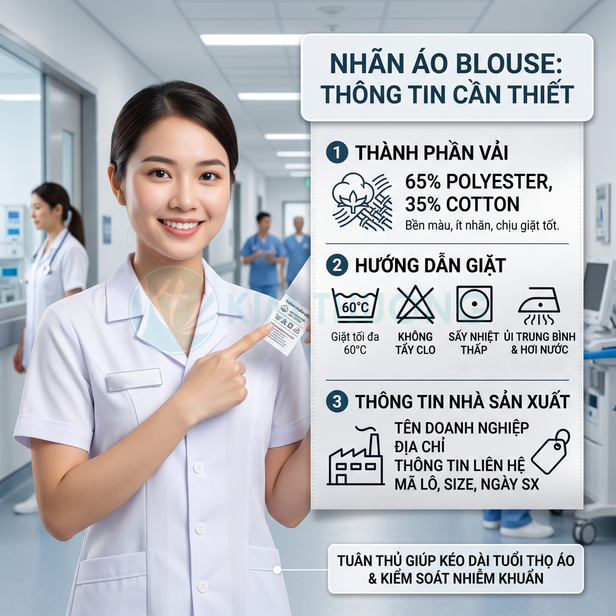 Nữ y tá mặc áo blouse trắng trong bệnh viện, mỉm cười và chỉ vào nhãn áo ghi thành phần vải và hướng dẫn giặt