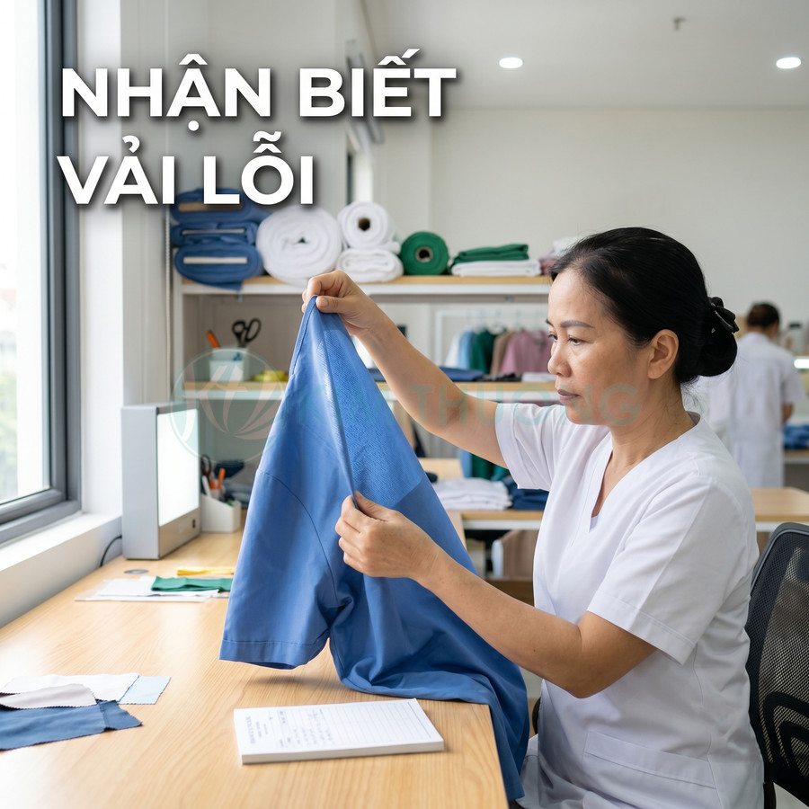 Nhân viên kiểm tra lỗi trên vải màu xanh trong xưởng may mặc