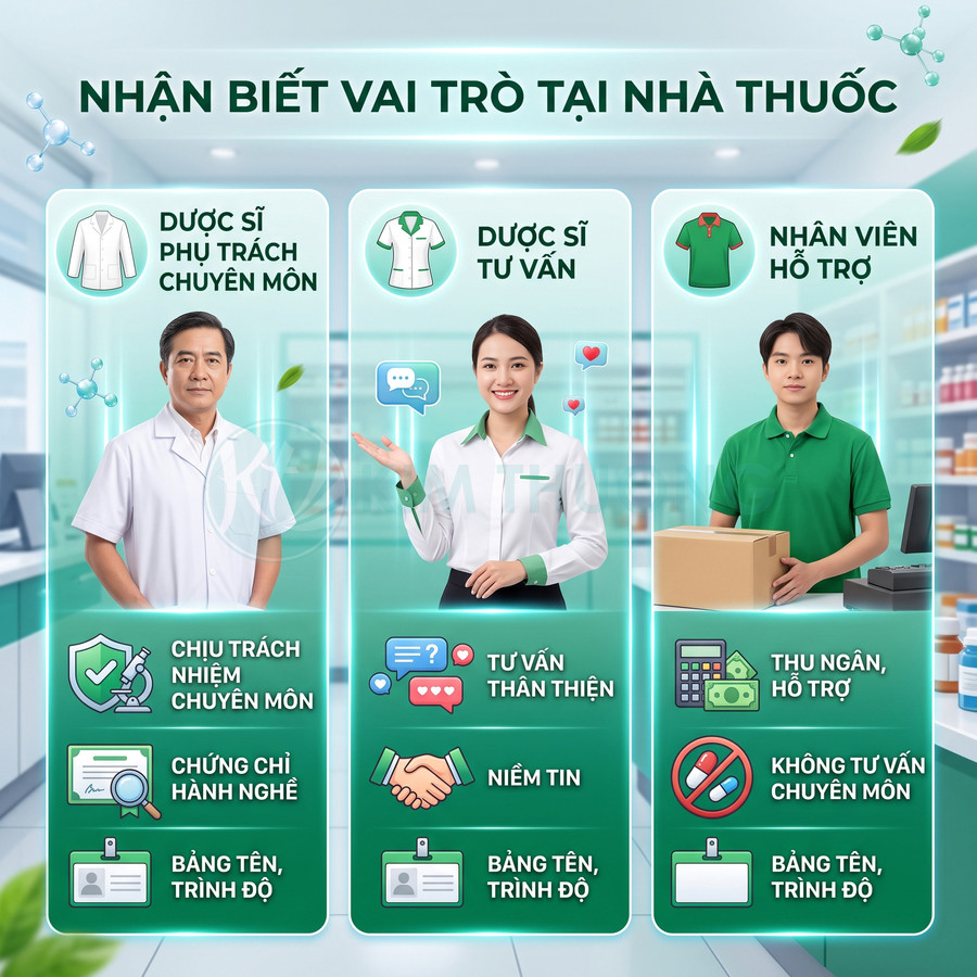Hình minh họa phân biệt dược sĩ phụ trách, dược sĩ tư vấn và nhân viên hỗ trợ tại nhà thuốc