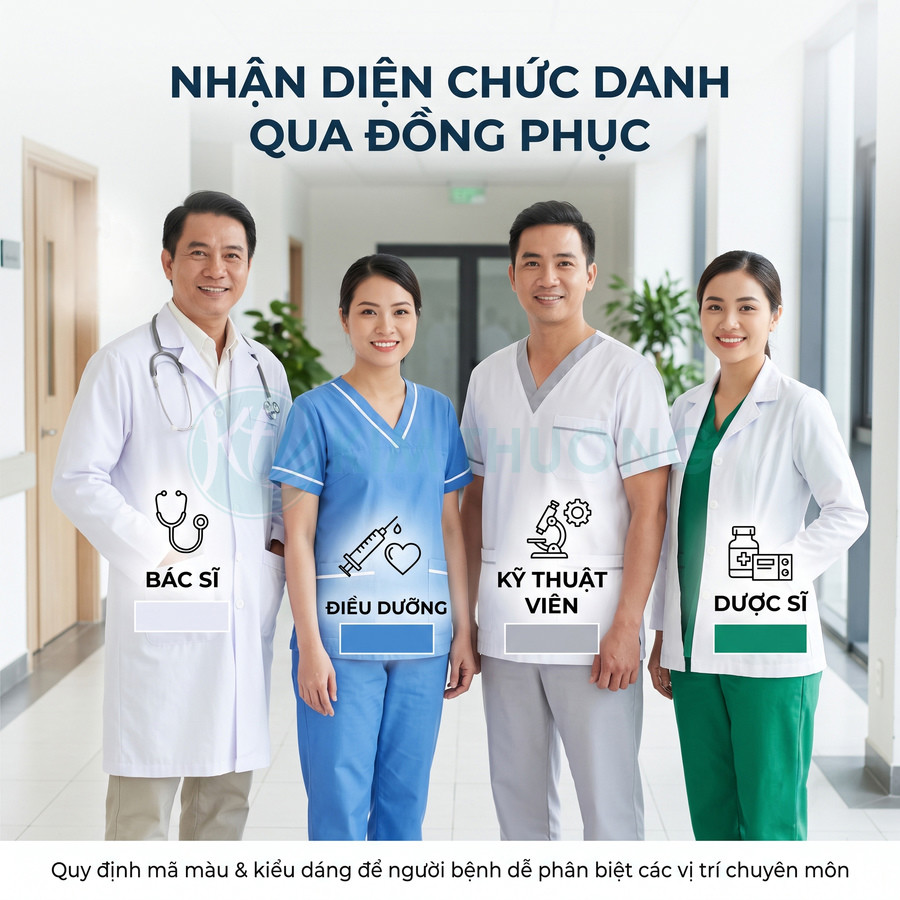 Đồng phục bác sĩ, điều dưỡng, kỹ thuật viên và dược sĩ với màu sắc khác nhau trong bệnh viện