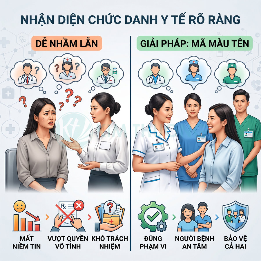 Minh họa giải pháp dùng mã màu thẻ tên giúp nhận diện rõ chức danh bác sĩ và điều dưỡng trong bệnh viện