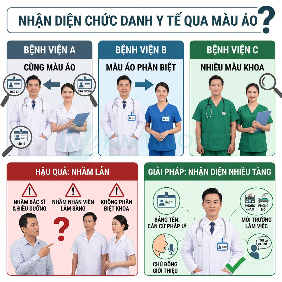 Infographic nhận diện chức danh y tế qua màu áo và bảng tên bác sĩ điều dưỡng trong bệnh viện