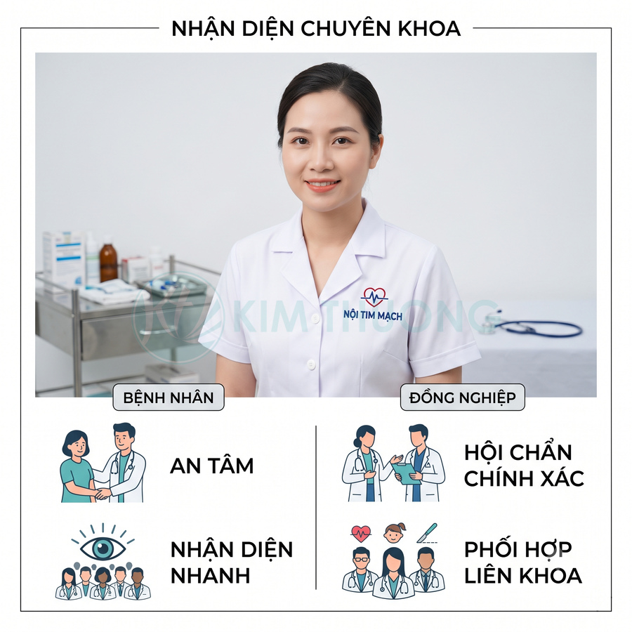 Bác sĩ chuyên khoa nội tim mạch mặc áo blouse trắng đứng trong phòng khám với dụng cụ y tế phía sau