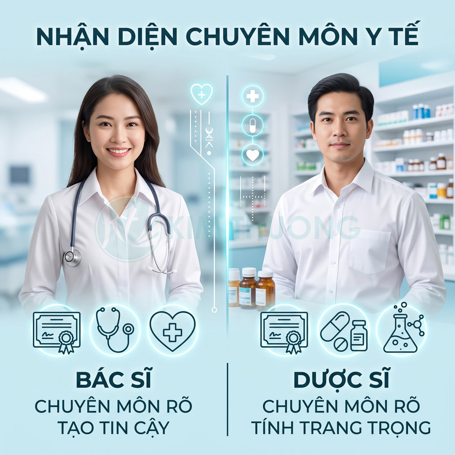 Bác sĩ và dược sĩ mặc áo blouse trắng trong nhà thuốc, thể hiện chuyên môn y tế rõ ràng và đáng tin cậy