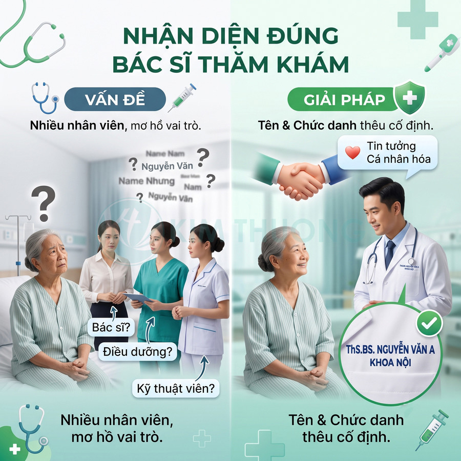 Poster nhận diện đúng bác sĩ thăm khám với hình ảnh bệnh nhân cao tuổi và bác sĩ mặc áo blouse có bảng tên rõ ràng