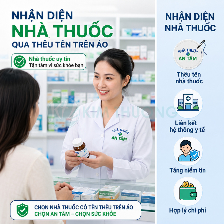Dược sĩ nhà thuốc An Tâm tư vấn thuốc cho khách tại quầy, nhấn mạnh áo blouse thêu tên nhà thuốc
