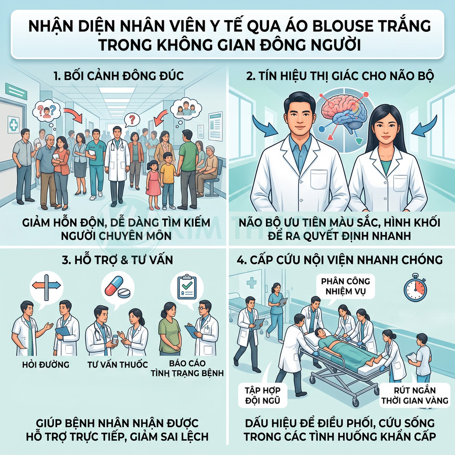 Nhân viên y tế mặc áo blouse trắng hỗ trợ bệnh nhân trong bệnh viện đông người, tư vấn và cấp cứu khẩn cấp