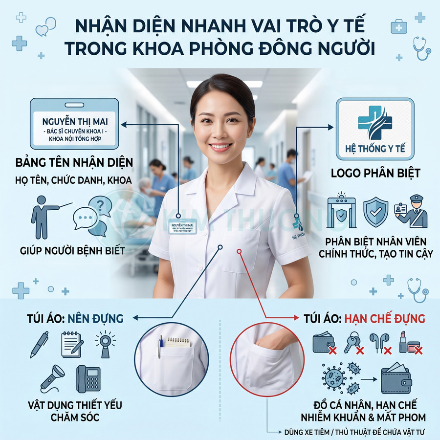 Nữ bác sĩ mặc áo blouse trắng có bảng tên và logo hệ thống y tế, túi áo đựng bút và sổ tay trong bệnh viện