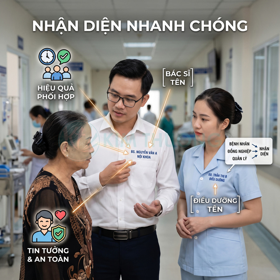 Bác sĩ và điều dưỡng mặc áo có bảng tên tư vấn cho bệnh nhân cao tuổi trong hành lang bệnh viện