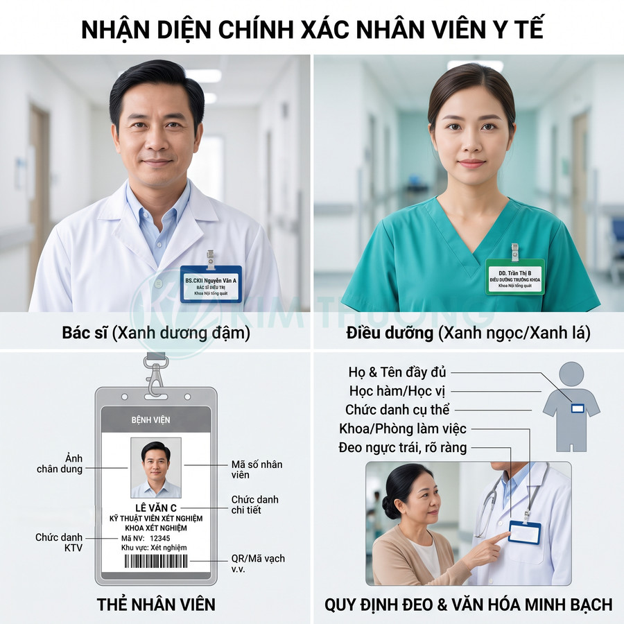 Mẫu thẻ tên nhân viên y tế cho bác sĩ và điều dưỡng với màu sắc phân biệt rõ chức danh