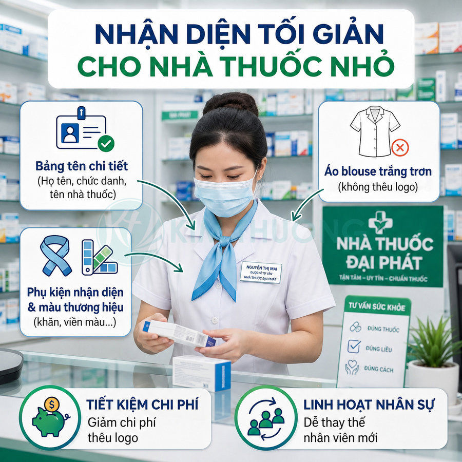Nhân viên nhà thuốc Đại Phát mặc áo blouse trắng, đeo bảng tên và khăn cổ xanh đang tư vấn thuốc cho khách