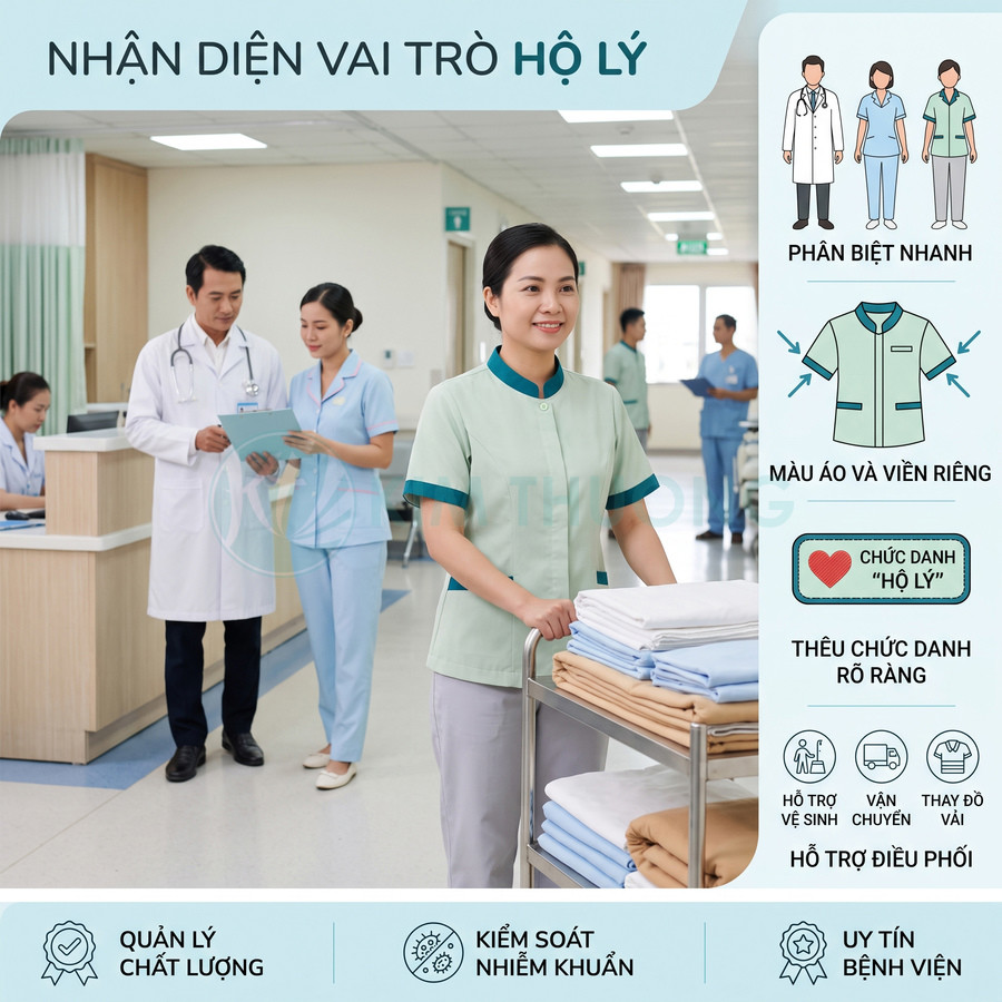 Hộ lý bệnh viện mặc đồng phục xanh nhạt đẩy xe vải gấp gọn trong hành lang, bác sĩ và điều dưỡng làm việc phía sau