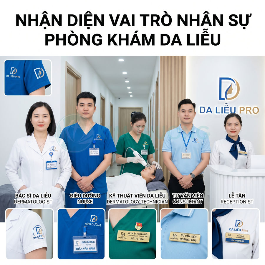 Nhân sự phòng khám Da Liễu Pro với bác sĩ, điều dưỡng, kỹ thuật viên, tư vấn viên và lễ tân trong đồng phục chuyên nghiệp