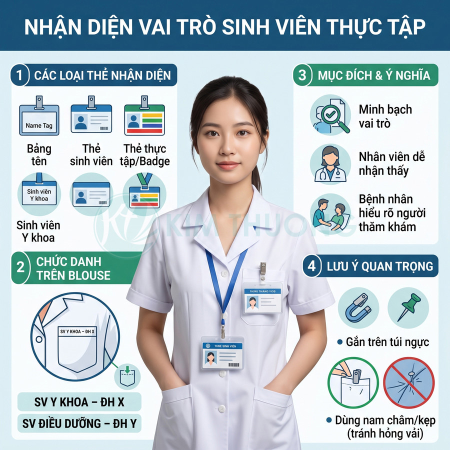 Sinh viên y khoa thực tập mặc áo blouse trắng, đeo hai thẻ tên và thẻ sinh viên trên ngực