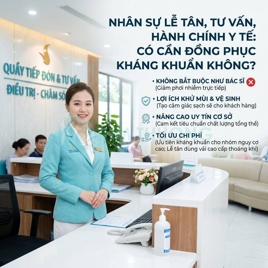 Nhân viên lễ tân bệnh viện mặc đồng phục xanh đứng tại quầy tiếp đón với máy tính và chai dung dịch sát khuẩn