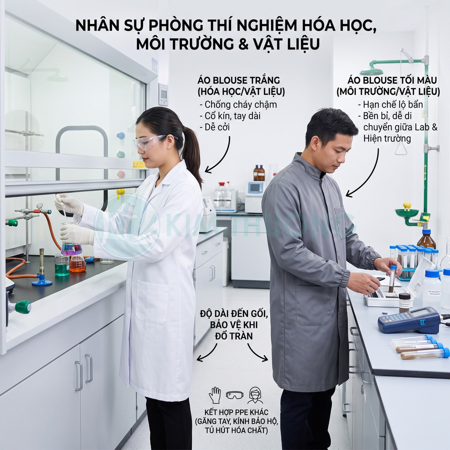 Nhân viên phòng thí nghiệm hóa học mặc áo blouse trắng và xám, đeo kính bảo hộ, làm việc với dụng cụ thí nghiệm