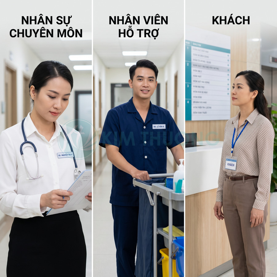 Nhân sự y tế, nhân viên hỗ trợ và khách hàng đeo bảng tên trong môi trường bệnh viện sạch sẽ