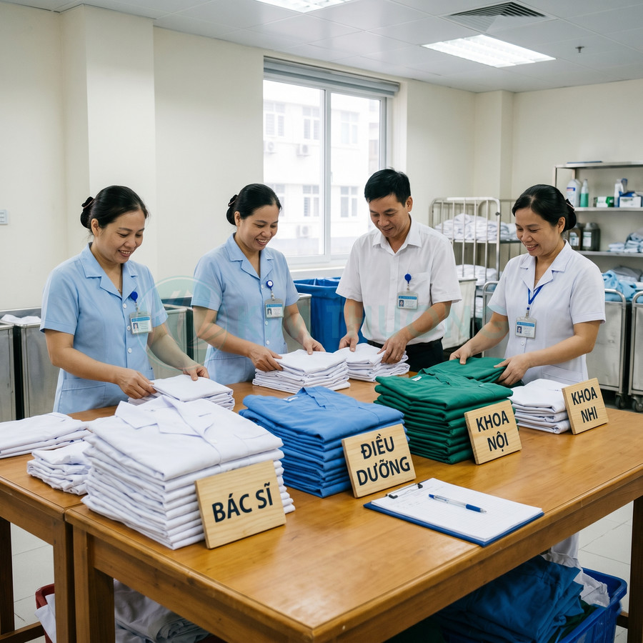 Nhân viên bệnh viện gấp và phân loại đồng phục bác sĩ điều dưỡng và các khoa trên bàn gỗ