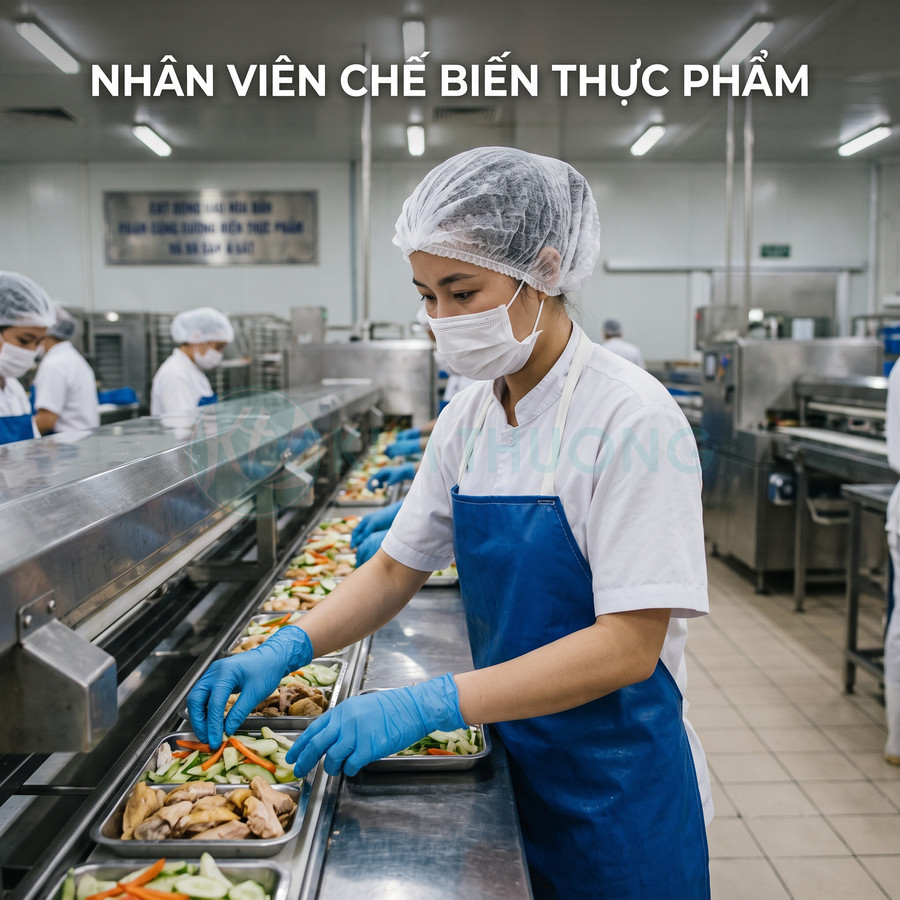 Nhân viên chế biến thực phẩm đeo khẩu trang găng tay đang xếp thịt và rau vào khay suất ăn công nghiệp