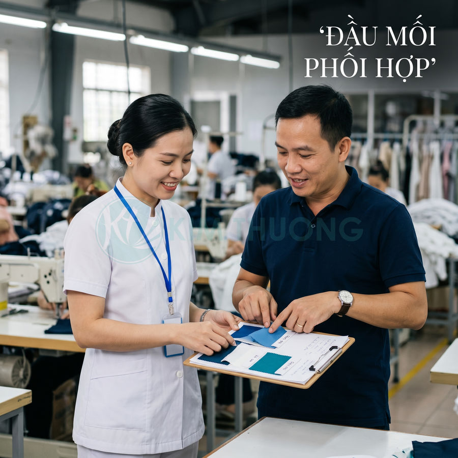 Nhân viên xưởng may tư vấn bảng mẫu vải cho khách hàng trong nhà máy sản xuất quần áo
