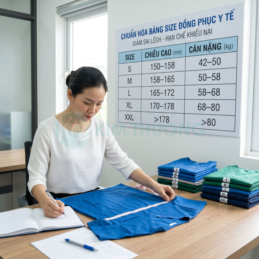 Nhân viên đo size bộ đồng phục y tế màu xanh trên bàn cạnh bảng quy đổi kích cỡ treo tường