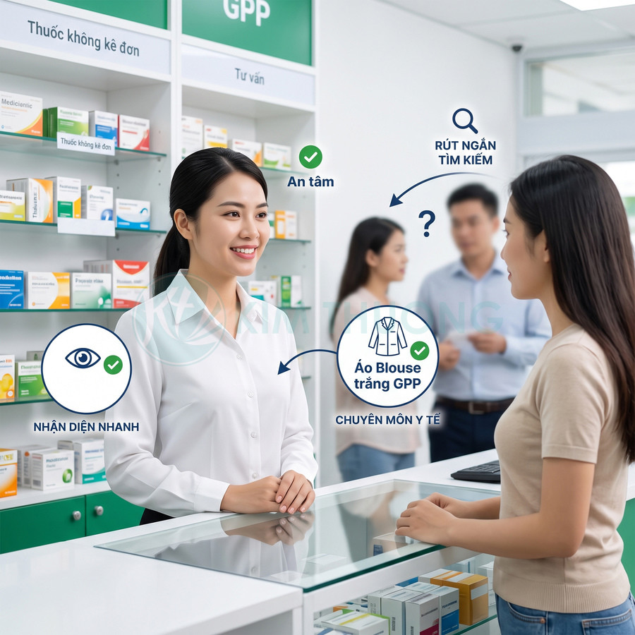 Nhân viên nhà thuốc mặc áo blouse trắng GPP tư vấn thuốc cho khách hàng tại quầy dược