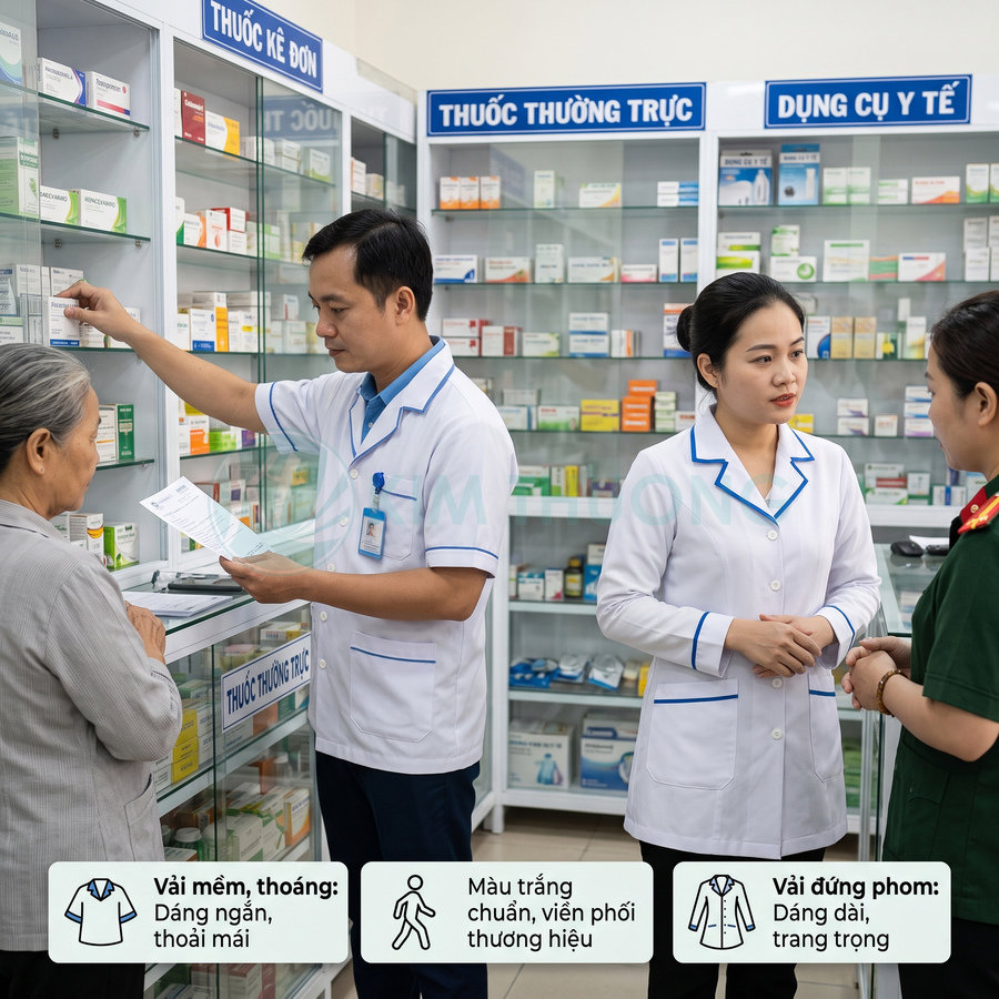 Áo blouse trắng viền xanh cho dược sĩ, chất vải mềm thoáng và đứng phom trong nhà thuốc hiện đại