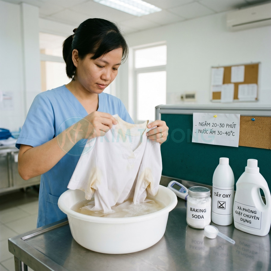 Nhân viên giặt là ngâm áo blouse dính bẩn trong chậu với baking soda và dung dịch tẩy oxy