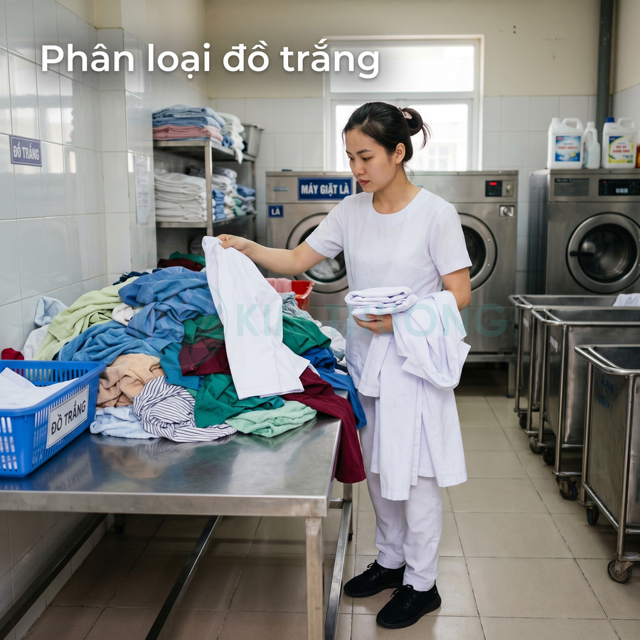 Nhân viên giặt là phân loại quần áo trắng và đồ màu trong phòng giặt công nghiệp