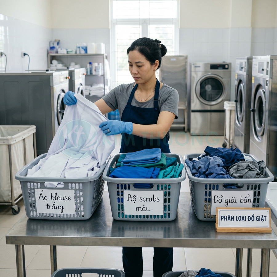 Nhân viên giặt là đeo găng tay phân loại áo blouse trắng và đồ scrubs màu trong giỏ nhựa tại tiệm giặt
