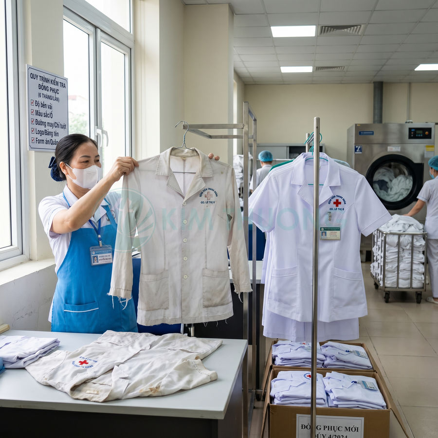Nhân viên kiểm tra áo blouse y tế cũ và so sánh với đồng phục bệnh viện mới sạch sẽ