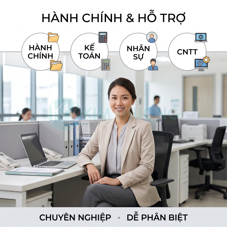 Nhân viên văn phòng ngồi tại bàn làm việc với laptop trong môi trường hành chính hỗ trợ chuyên nghiệp