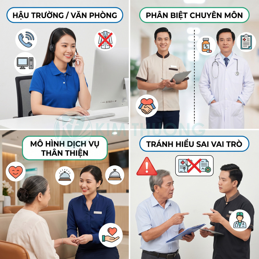 Nhân viên y tế và chăm sóc khách hàng tư vấn, giải thích vai trò chuyên môn để nâng cao dịch vụ và tránh hiểu lầm