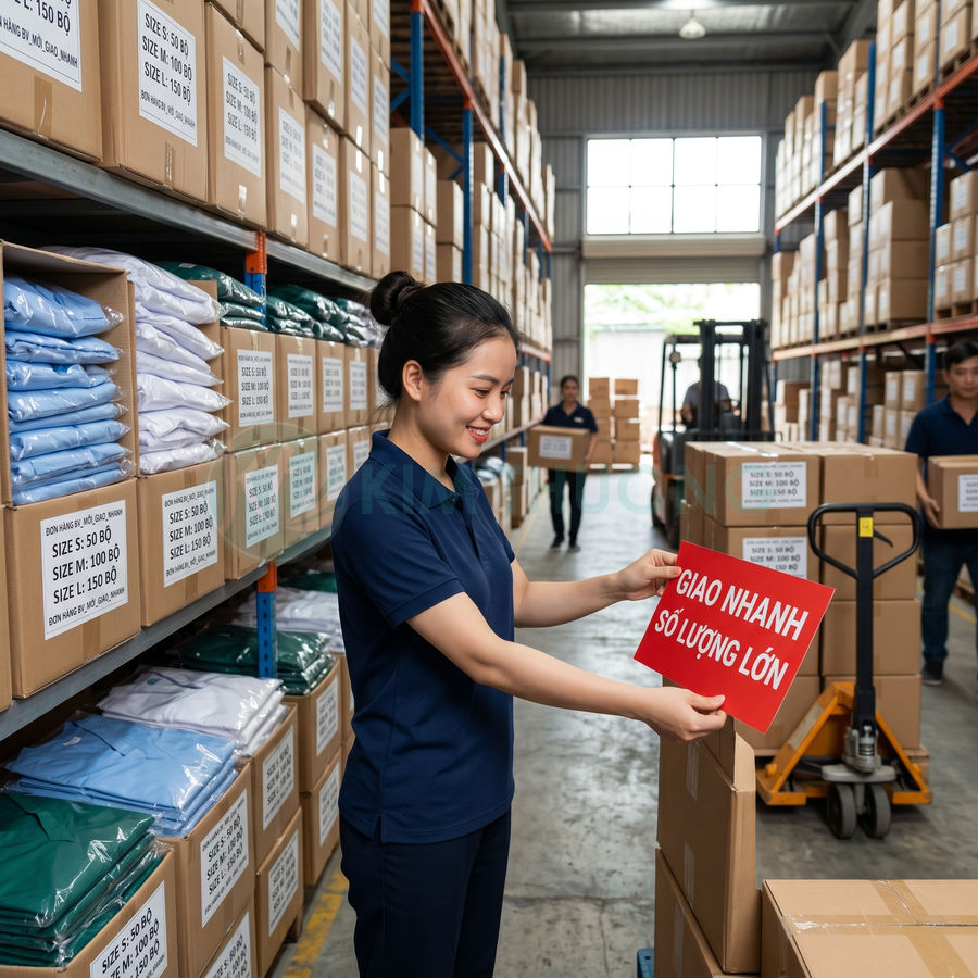 Nhân viên kho kiểm hàng quần áo đóng thùng với bảng giao nhanh số lượng lớn
