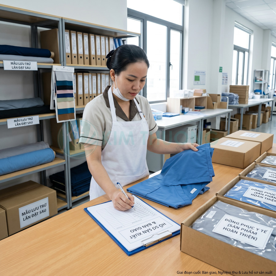 Nhân viên kiểm tra và ghi chép lô đồng phục y tế màu xanh đã đóng gói trong hộp carton