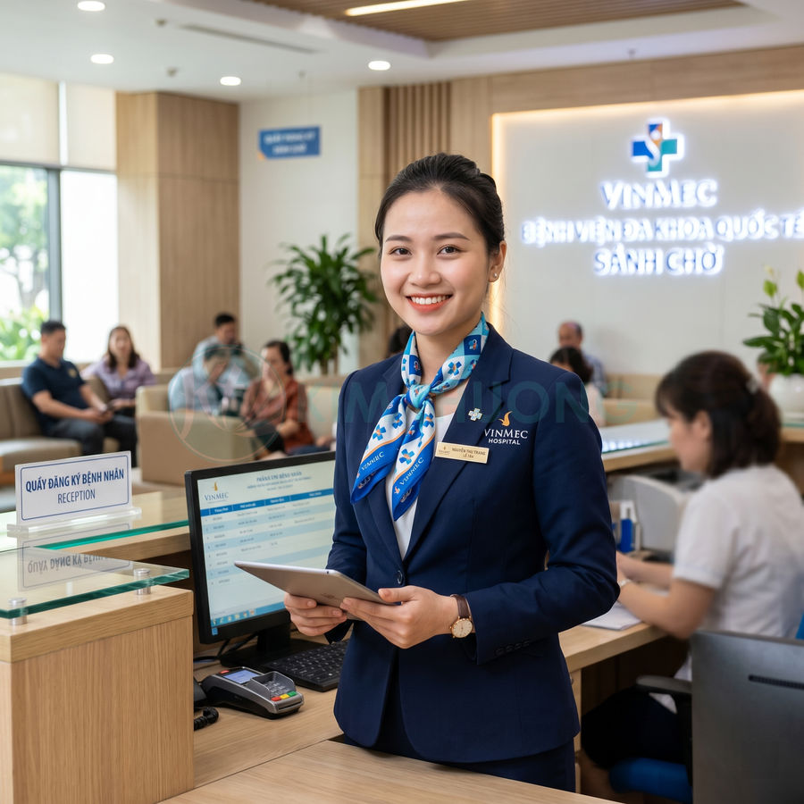 Nhân viên lễ tân bệnh viện Vinmec mặc đồng phục chuyên nghiệp đứng tại quầy đăng ký bệnh nhân