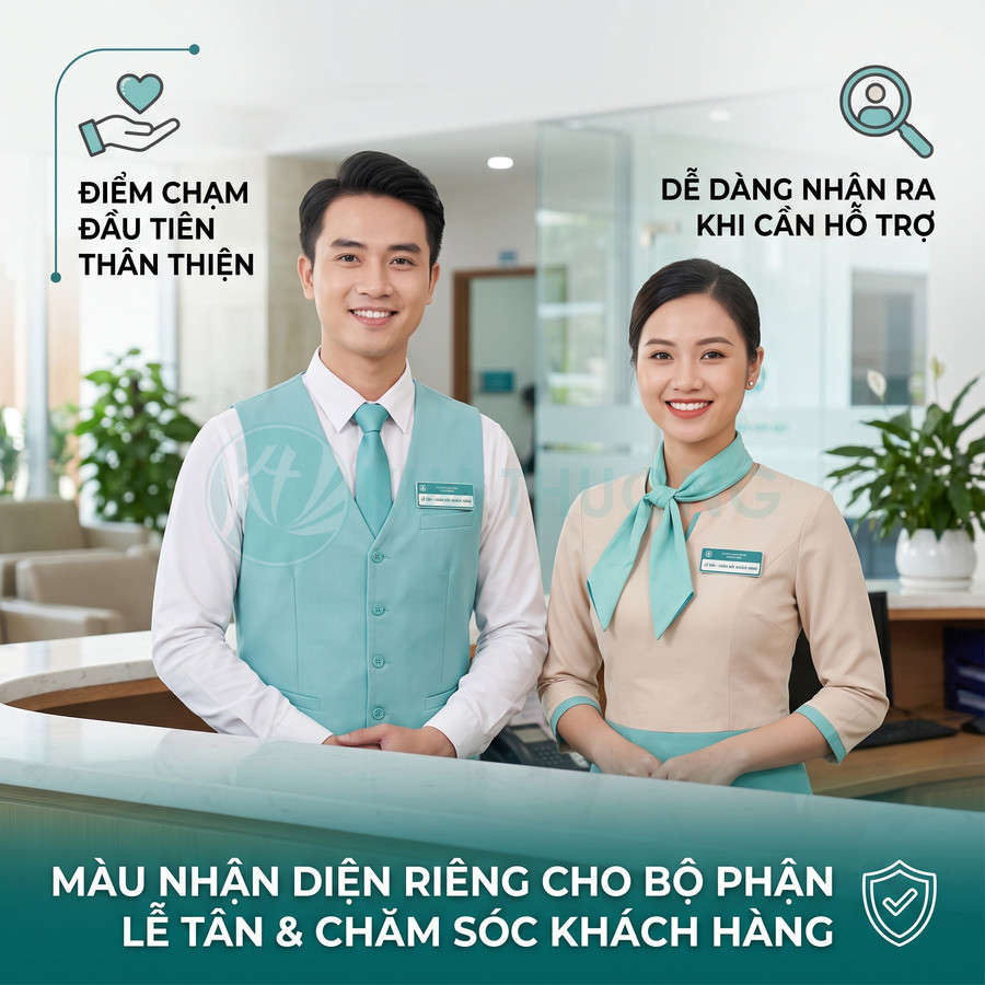 Nhân viên lễ tân và chăm sóc khách hàng mặc đồng phục xanh ngọc đứng tại quầy đón tiếp hiện đại