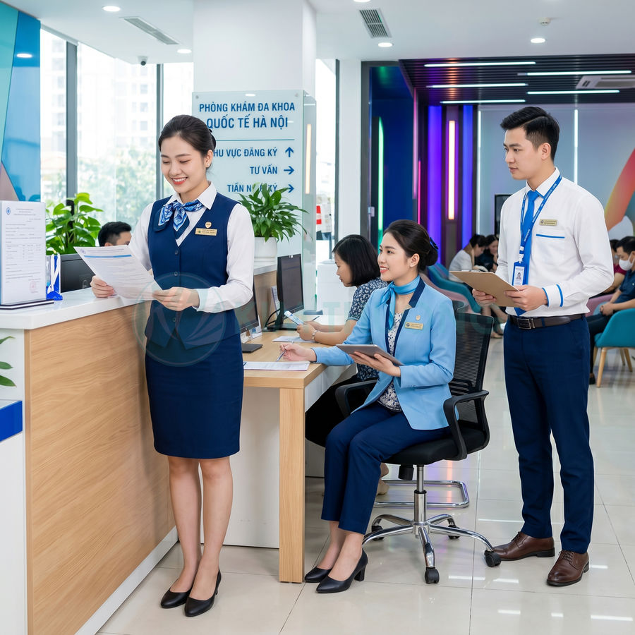 Nhân viên lễ tân bệnh viện đa khoa quốc tế Hà Nội hỗ trợ bệnh nhân tại quầy đăng ký khám