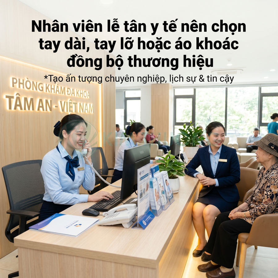 Nhân viên lễ tân phòng khám đa khoa Tâm An mặc đồng phục vest xanh tư vấn bệnh nhân cao tuổi