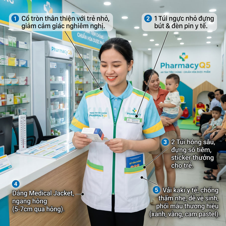 Nhân viên nhà thuốc Pharmacy Q5 mặc áo khoác y tế Medical Jacket đứng tư vấn thuốc cho khách hàng