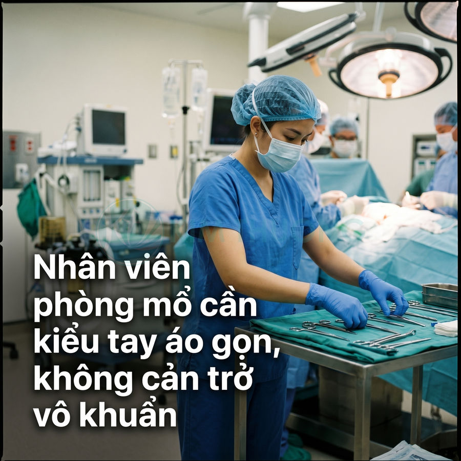 Nhân viên y tế mặc đồ phẫu thuật tay áo gọn đang sắp xếp dụng cụ trong phòng mổ vô khuẩn