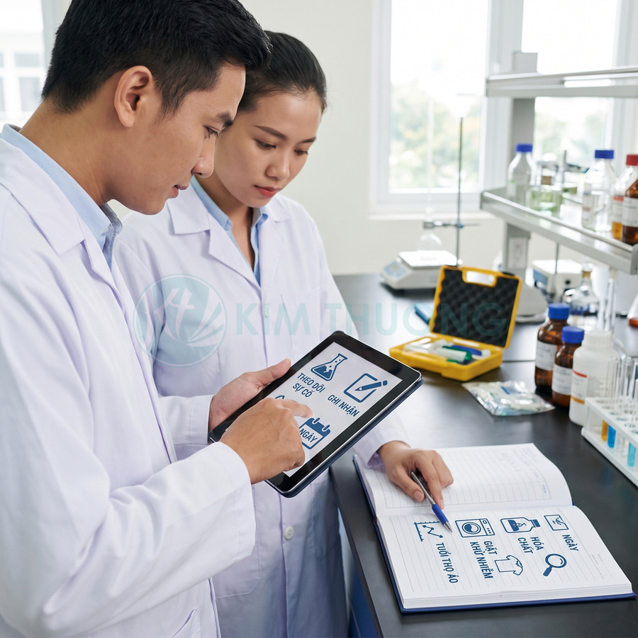 Máy tính bảng hiển thị giao diện quản lý công việc trong phòng thí nghiệm</|assistant|>