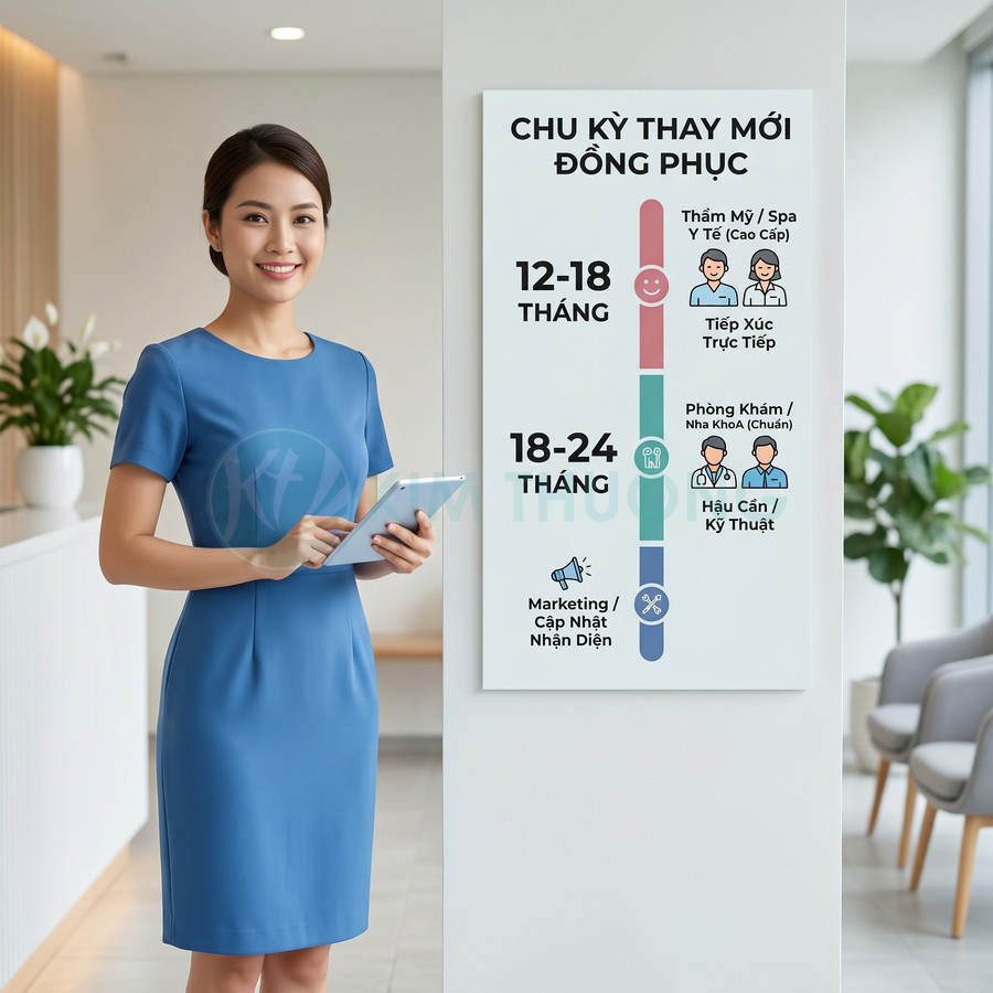 Nhân viên nữ mặc đồng phục váy liền màu xanh dương cầm máy tính bảng đứng cạnh bảng chu kỳ thay mới đồng phục