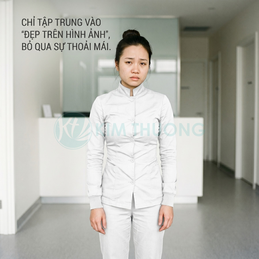 Nhân viên spa mặc đồng phục trắng đứng trong phòng khám, vẻ mặt mệt mỏi kém thoải mái