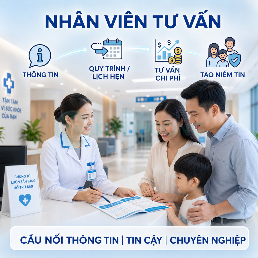 Nhân viên tư vấn bệnh viện hướng dẫn gia đình làm thủ tục khám chữa bệnh tại quầy tiếp đón