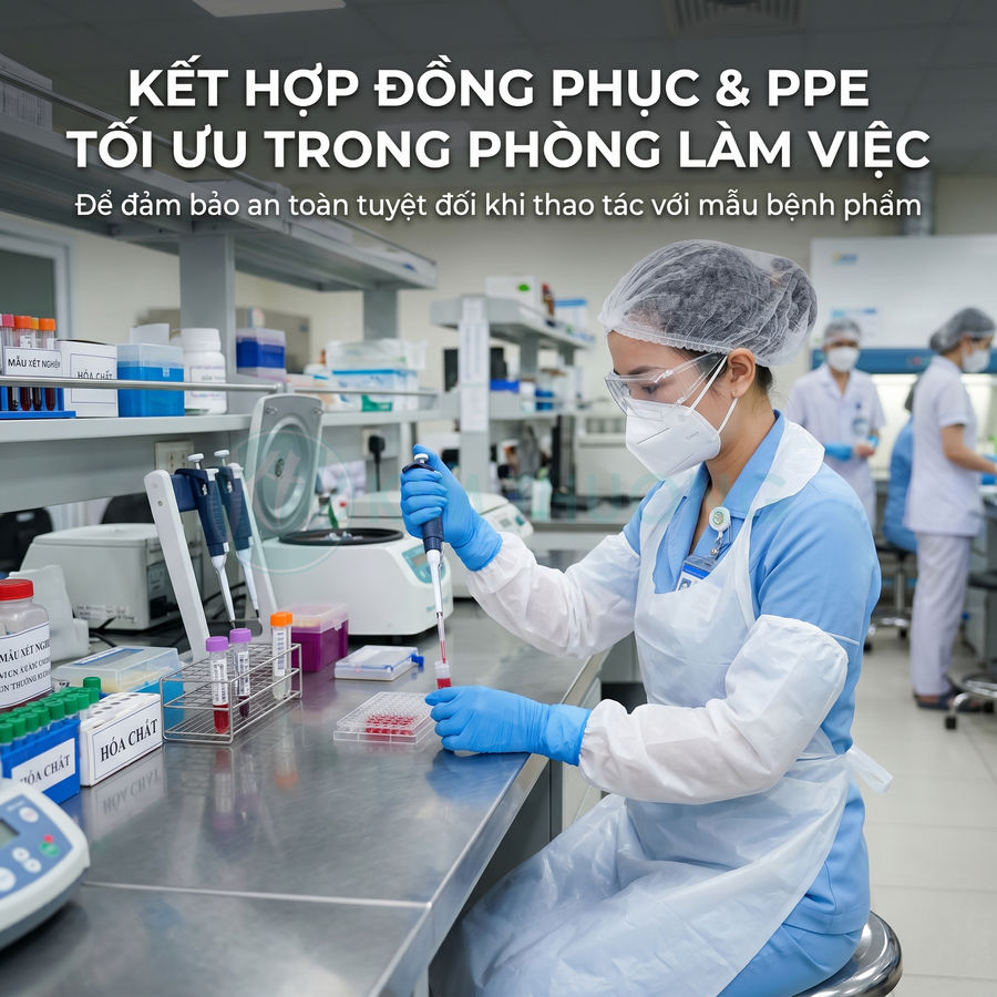 Nhân viên xét nghiệm mặc đồng phục y tế và PPE đầy đủ thao tác với mẫu bệnh phẩm trong phòng lab