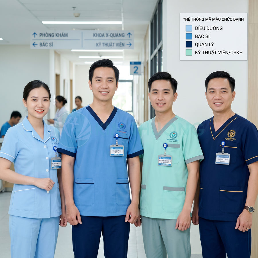 Nhóm bác sĩ và điều dưỡng mặc đồng phục y tế nhiều màu đứng trong hành lang bệnh viện