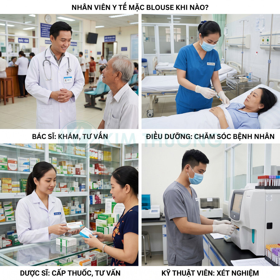 Nhân viên y tế mặc đồng phục blouse khi khám bệnh, chăm sóc bệnh nhân, cấp thuốc và làm xét nghiệm trong bệnh viện